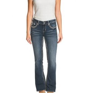 Y2K Ariya Dark Wash Bootcut Jeans – Size 11/12 Tall, Low Rise, Thick Stitch